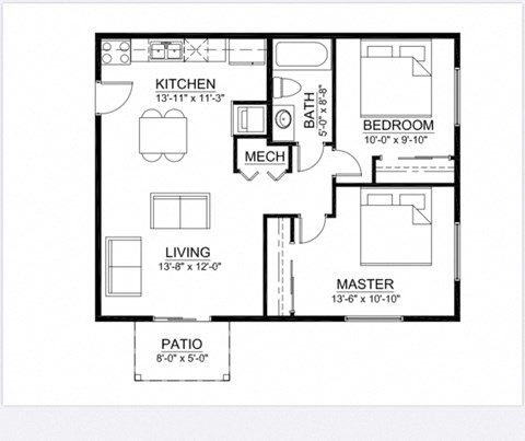 Floor plan for 2 beds, 1 bath, 750 sqft